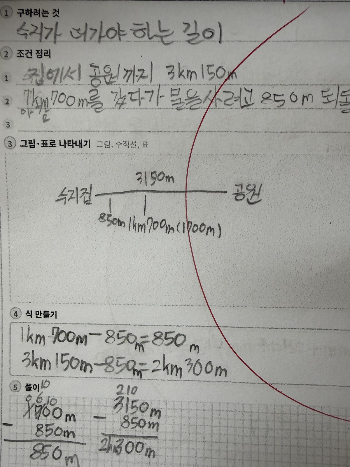 서술형 풀이 노트 3. 거리를 구하는 문장제를 다섯 단계로 정리하고, 킬로미터와 미터가 섞인 계산을 단계별로 나눠 풀었다.